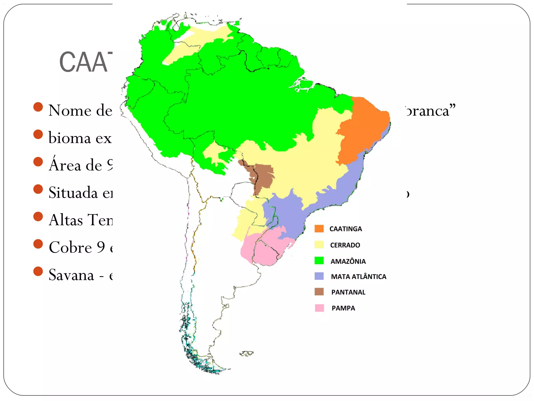CAATINGA
Nome de origem Tupi-Guarani e significa “floresta branca”
bioma exclusivamente brasileiro
Área de 925.043km2
Situada entre o Equador e o Trópico de Capricórnio
Altas Temperaturas (25°-30°)
Cobre 9 estados
Savana - estépica
 