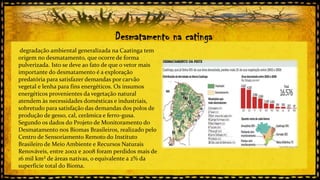 Desmatamento na catinga
degradação ambiental generalizada na Caatinga tem
origem no desmatamento, que ocorre de forma
pulverizada. Isto se deve ao fato de que o vetor mais
importante do desmatamento é a exploração
predatória para satisfazer demandas por carvão
vegetal e lenha para fins energéticos. Os insumos
energéticos provenientes da vegetação natural
atendem às necessidades domésticas e industriais,
sobretudo para satisfação das demandas dos polos de
produção de gesso, cal, cerâmica e ferro-gusa.
Segundo os dados do Projeto de Monitoramento do
Desmatamento nos Biomas Brasileiros, realizado pelo
Centro de Sensoriamento Remoto do Instituto
Brasileiro de Meio Ambiente e Recursos Naturais
Renováveis, entre 2002 e 2008 foram perdidos mais de
16 mil km² de áreas nativas, o equivalente a 2% da
superfície total do Bioma.

 