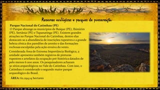 Reservas ecológicas e parques de preservação
Parque Nacional do Catimbau (PE)
O Parque abrange os municípios de Buíque (PE), Ibimirim
(PE), Sertânia (PE) e Tupanatinga (PE). Existem grandes
atrações no Parque Nacional do Catimbau, dentre elas
destacam-se a abundância de inscrições rupestres e a grande
beleza cênica dos paredões de arenito e das formações
rochosas esculpidas pela ação erosiva do vento.
Considerada Área de Extrema Importância Biológica, a
unidade apresenta também registros de pinturas
rupestres e artefatos da ocupação pré-histórica datados de
pelo menos 6 000 anos. Os pesquisadores acharam
30 sítios arqueológicos no Vale do Catimbau. Com isso, o
Catimbau é considerado o segundo maior parque
arqueológico do Brasil.
ÁREA: 62.294,14 hectares

 
