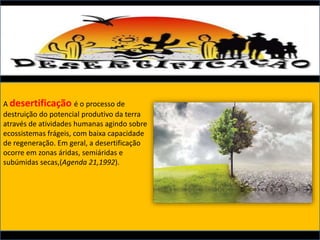 A desertificação é o processo de
destruição do potencial produtivo da terra
através de atividades humanas agindo sobre
ecossistemas frágeis, com baixa capacidade
de regeneração. Em geral, a desertificação
ocorre em zonas áridas, semiáridas e
subúmidas secas,(Agenda 21,1992).
 