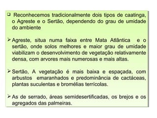  Reconhecemos tradicionalmente dois tipos de caatinga,
o Agreste e o Sertão, dependendo do grau de umidade
do ambiente
Agreste, situa numa faixa entre Mata Atlântica e o
sertão, onde solos melhores e maior grau de umidade
viabilizam o desenvolvimento de vegetação relativamente
densa, com arvores mais numerosas e mais altas.
Sertão, A vegetação é mais baixa e espaçada, com
arbustos emaranhados e predominância de cactáceas,
plantas suculentas e bromélias terrícolas.
As de serrado, áreas semidesertificadas, os brejos e os
agregados das palmeiras.
 Reconhecemos tradicionalmente dois tipos de caatinga,
o Agreste e o Sertão, dependendo do grau de umidade
do ambiente
Agreste, situa numa faixa entre Mata Atlântica e o
sertão, onde solos melhores e maior grau de umidade
viabilizam o desenvolvimento de vegetação relativamente
densa, com arvores mais numerosas e mais altas.
Sertão, A vegetação é mais baixa e espaçada, com
arbustos emaranhados e predominância de cactáceas,
plantas suculentas e bromélias terrícolas.
As de serrado, áreas semidesertificadas, os brejos e os
agregados das palmeiras.
 