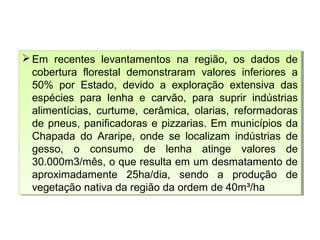 Em recentes levantamentos na região, os dados de
cobertura florestal demonstraram valores inferiores a
50% por Estado, devido a exploração extensiva das
espécies para lenha e carvão, para suprir indústrias
alimentícias, curtume, cerâmica, olarias, reformadoras
de pneus, panificadoras e pizzarias. Em municípios da
Chapada do Araripe, onde se localizam indústrias de
gesso, o consumo de lenha atinge valores de
30.000m3/mês, o que resulta em um desmatamento de
aproximadamente 25ha/dia, sendo a produção de
vegetação nativa da região da ordem de 40m³/ha
Em recentes levantamentos na região, os dados de
cobertura florestal demonstraram valores inferiores a
50% por Estado, devido a exploração extensiva das
espécies para lenha e carvão, para suprir indústrias
alimentícias, curtume, cerâmica, olarias, reformadoras
de pneus, panificadoras e pizzarias. Em municípios da
Chapada do Araripe, onde se localizam indústrias de
gesso, o consumo de lenha atinge valores de
30.000m3/mês, o que resulta em um desmatamento de
aproximadamente 25ha/dia, sendo a produção de
vegetação nativa da região da ordem de 40m³/ha
 