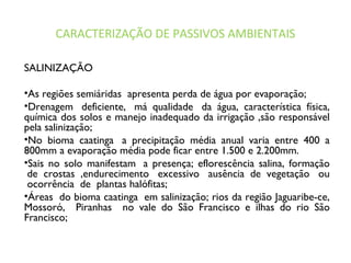 CARACTERIZAÇÃO DE PASSIVOS AMBIENTAIS
SALINIZAÇÃO
•As regiões semiáridas  apresenta perda de água por evaporação;
•Drenagem  deficiente,  má qualidade  da água, característica física,
química dos solos e manejo inadequado da irrigação ,são responsável
pela salinização;
•No bioma caatinga  a precipitação média anual varia entre 400 a
800mm a evaporação média pode ficar entre 1.500 e 2.200mm.
•Sais no solo manifestam  a presença; eflorescência salina, formação
 de crostas ,endurecimento  excessivo  ausência de vegetação  ou
 ocorrência  de  plantas halófitas;
•Áreas  do bioma caatinga  em salinização; rios da região Jaguaribe-ce,
Mossoró, Piranhas no vale do São Francisco e ilhas do rio São
Francisco;
 