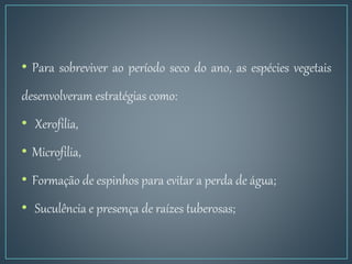 • Para sobreviver ao período seco do ano, as espécies vegetais
desenvolveram estratégias como:
• Xerofilia,
• Microfilia,
• Formação de espinhos para evitar a perda de água;
• Suculência e presença de raízes tuberosas;
 