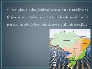 • Identificados e classificados de acordo com o macroclima e a
fitofisionomias, também são caracterizados de acordo com a
presença ou não de fogo natural, solo e a altitude específicas;
 