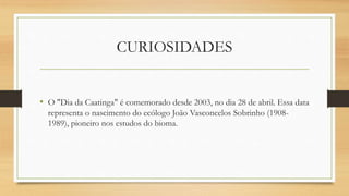 CURIOSIDADES
• O "Dia da Caatinga" é comemorado desde 2003, no dia 28 de abril. Essa data
representa o nascimento do ecólogo João Vasconcelos Sobrinho (1908-
1989), pioneiro nos estudos do bioma.
 