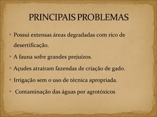 Possui extensas áreas degradadas com rico de desertificação. A fauna sofre grandes prejuízos. Açudes atraíram fazendas de criação de gado. Irrigação sem o uso de técnica apropriada. Contaminação das águas por agrotóxicos  