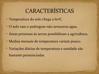 Temperatura do solo chega a 60ºC. O solo raso e pedregoso não armazena água. Áreas próximas às serras possibilitam a agricultura. Medias mensais de temperatura variam pouco. Variações diárias de temperatura e umidade são bastante pronunciadas. 
