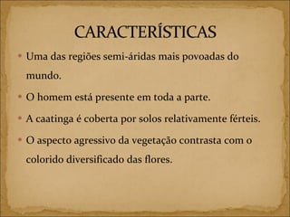 Uma das regiões semi-áridas mais povoadas do mundo. O homem está presente em toda a parte. A caatinga é coberta por solos relativamente férteis. O aspecto agressivo da vegetação contrasta com o colorido diversificado das flores. 