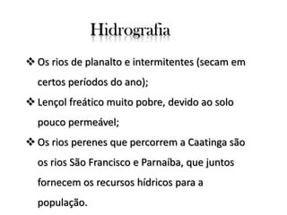 Hidrografia
 Os rios de planalto e intermitentes (secam em
certos períodos do ano);

 Lençol freático muito pobre, devido ao solo
pouco permeável;
 Os rios perenes que percorrem a Caatinga são
os rios São Francisco e Parnaíba, que juntos
fornecem os recursos hídricos para a
população.

 