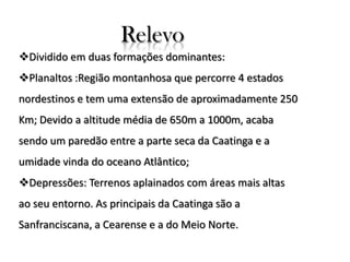 Relevo
Dividido em duas formações dominantes:
Planaltos :Região montanhosa que percorre 4 estados
nordestinos e tem uma extensão de aproximadamente 250
Km; Devido a altitude média de 650m a 1000m, acaba
sendo um paredão entre a parte seca da Caatinga e a
umidade vinda do oceano Atlântico;
Depressões: Terrenos aplainados com áreas mais altas

ao seu entorno. As principais da Caatinga são a
Sanfranciscana, a Cearense e a do Meio Norte.

 