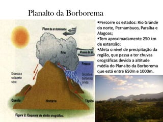 Planalto da Borborema
Percorre os estados: Rio Grande
do norte, Pernambuco, Paraíba e
Alagoas;
Tem aproximadamente 250 km
de extensão;
Afeta o nível de precipitação da
região, que passa a ter chuvas
orográficas devido a altitude
média do Planalto da Borborema
que está entre 650m e 1000m.

 