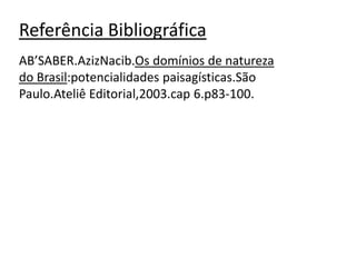 Referência Bibliográfica
AB’SABER.AzizNacib.Os domínios de natureza
do Brasil:potencialidades paisagísticas.São
Paulo.Ateliê Editorial,2003.cap 6.p83-100.

 