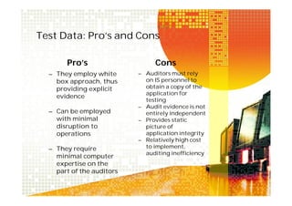 Test Data: Pro’s and Cons
Pro’s
– They employ white

box approach, thus
providing explicit
evidence
– Can be employed

with minimal
disruption to
operations
– They require

minimal computer
expertise on the
part of the auditors

Cons
– Auditors must rely

on IS personnel to
obtain a copy of the
application for
testing
– Audit evidence is not
entirely independent
– Provides static
picture of
application integrity
– Relatively high cost
to implement,
auditing inefficiency

 
