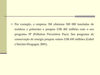  Por exemplo, a empresa 3M eliminou 500 000 toneladas de
resíduos e poluentes e poupou US$ 482 milhões com o seu
programa 3P (Pollution Prevention Pays). Seu programa de
conservação de energia poupou outros US$ 650 milhões (Gabel
e Sinclair-Desgagné, 2001).
 