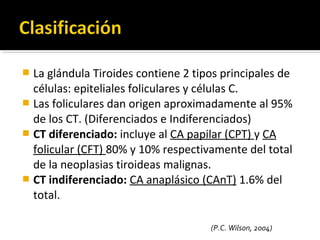  La glándula Tiroides contiene 2 tipos principales de
  células: epiteliales foliculares y células C.
 Las foliculares dan origen aproximadamente al 95%
  de los CT. (Diferenciados e Indiferenciados)
 CT diferenciado: incluye al CA papilar (CPT) y CA
  folicular (CFT) 80% y 10% respectivamente del total
  de la neoplasias tiroideas malignas.
 CT indiferenciado: CA anaplásico (CAnT) 1.6% del
  total.

                                     (P.C. Wilson, 2004)
 