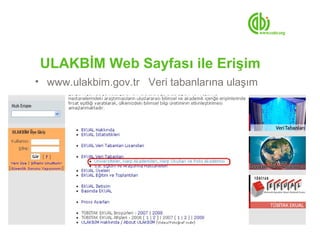ULAKBİM Web Sayfası ile Erişim
• www.ulakbim.gov.tr Veri tabanlarına ulaşım
 