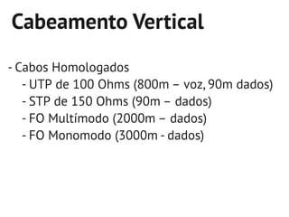 Cabeamento Vertical
- Cabos Homologados
   - UTP de 100 Ohms (800m – voz, 90m dados)
   - STP de 150 Ohms (90m – dados)
   - FO Multímodo (2000m – dados)
   - FO Monomodo (3000m - dados)
 