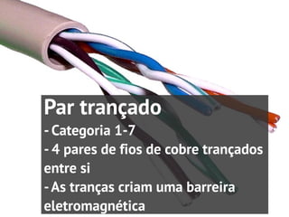 Par trançado
- Categoria 1-7
- 4 pares de fios de cobre trançados
entre si
- As tranças criam uma barreira
eletromagnética
 