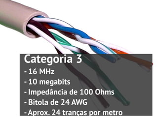 Categoria 3
- 16 MHz
- 10 megabits
- Impedância de 100 Ohms
- Bitola de 24 AWG
- Aprox. 24 tranças por metro
 