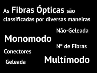 As Fibras Ópticas são
classificadas por diversas maneiras
                     Não-Geleada
Monomodo
                     Nº de Fibras
Conectores
Geleada         Multímodo
 