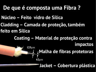 De que é composta uma Fibra ?
 Núcleo – Feito vidro de Sílica
Cladding – Camada de proteção, também
feito em Sílica
       Coating – Material de proteção contra
                                    impactos
                   Malha de fibras protetoras

                  Jacket – Cobertura plástica
 