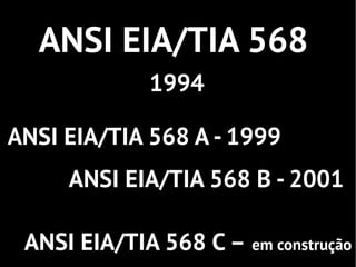 ANSI EIA/TIA 568
             1994

ANSI EIA/TIA 568 A - 1999
     ANSI EIA/TIA 568 B - 2001

 ANSI EIA/TIA 568 C – em construção
 