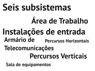 Seis subsistemas
           Área de Trabalho
Instalações de entrada
Armário de   Percursos Horizontais
Telecomunicações
          Percursos Verticais
Sala de equipamentos
 