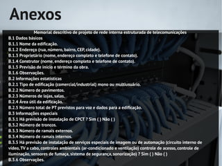 Anexos
              Memorial descritivo de projeto de rede interna estruturada de telecomunicações
B.1 Dados básicos
B.1.1 Nome da edificação.
B.1.2 Endereço (rua, número, bairro, CEP, cidade).
B.1.3 Proprietário (nome, endereço completo e telefone de contato).
B.1.4 Construtor (nome, endereço completo e telefone de contato).
B.1.5 Previsão de início e término da obra.
B.1.6 Observações.
B.2 Informações estatísticas
B.2.1 Tipo de edificação (comercial/industrial) mono ou multiusuário.
B.2.2 Número de pavimentos.
B.2.3 Números de lojas, salas.
B.2.4 Área útil da edificação.
B.2.5 Número total de PT previstos para voz e dados para a edificação.
B.3 Informações especiais
B.3.1 Há previsão de instalação de CPCT ? Sim ( ) Não ( )
B.3.2 Número de troncos.
B.3.3 Número de ramais externos.
B.3.4 Número de ramais internos.
B.3.5 Há previsão de instalação de serviços especiais de imagem ou de automação (circuito interno de
vídeo, TV a cabo, controles ambientais (ar-condicionado e ventilação) controle de acesso, controle de
iluminação, sensores de fumaça, sistema de segurança, sonorização) ? Sim ( ) Não ( )
B.3.6 Observações.
 