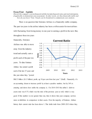 Evans | 13
EssayFour 4 points
Discuss this company’s current financial stability (include financial ratios and stock information,
if applicable,to demonstrate yourassessment). In other words, are they financially stable and
how do you know? Note: Visuals can be beneficial to communicate your analysis.
There is no question that Emirates Airlines is a financially stable company.
The past ten years in the airline industry has been a rollercoaster for most airlines
with fluctuating from losing money in one year to earning a profit in the next. But,
throughout those ten years
financially, Emirates
Airlines was able to move
away from the industry
trend and actually earn a
profit each of the past ten
years. To date Emirates
Airlines has earned a profit
each of the last 27 years and
this year alone they, “posted
Dh5.5 billion ($1.5 billion) profit, up 34 per cent from last year.” (Staff) Financially it’s
an accounting dream to increase profit by at least a positive number, but by 34% is
amazing and shows how stable the company is. For 2014-2015 the airline’s debt-to-
assets ratio was 0.75, which was the ratio of the previous year as well, which is very
good. If this number is ever greater than one, then it shows that your company survives
more on liabilities in comparison to their assets. Over the majority of Emirates Airlines
history their current ratio has been above 1. This holds truth from 2009-2013 where they
0.94
0.96
0.98
1.00
1.02
1.04
1.06
1.08
1.10
1.12
1.14
Ratio
Years
Current Ratio
2009 2010 2011 2012 2013
 