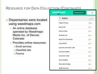 RESOURCE FOR DATA COLLECTION (CONTINUED)
 Dispensaries were located
using weedmaps.com
 An online database
operated by Weedmaps
Media Inc. of Denver,
Colorado
 Provides online resources:
 Email services
 Classified ads
 Forums
 