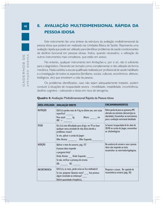 48
CADERNOSDE
ATENÇÃOBÁSICA
8. AVALIAÇÃO MULTIDIMENSIONAL RÁPIDA DA
PESSOA IDOSA
Este instrumento faz uma síntese da estrutura da avaliação multidimensional da
pessoa idosa que poderá ser realizada nas Unidades Básica de Saúde. Representa uma
avaliação rápida que pode ser utilizado para identificar problemas de saúde condicionantes
de declínio funcional em pessoas idosas. Indica, quando necessário, a utilização de
outros instrumentos mais complexos, que estão em anexo.
No entanto, qualquer instrumento tem limitações e, por si só, não é suficiente
para o diagnóstico. Devendo ser tomado como complementar e não utilizado de forma
mecânica. Nada substitui a escuta qualificada realizada por profissional de saúde habilitado
e a investigação de todos os aspectos (familiares, sociais, culturais, econômicos, afetivos,
biológicos, etc) que envolvem a vida da pessoa.
Os problemas identificados, caso não sejam adequadamente tratados, podem
conduzir à situações de incapacidade severa - imobilidade, instabilidade, incontinência,
declínio cognitivo - colocando o idoso em risco de iatrogenia.
Quadro 4: Avaliação Multidimensional Rápida da Pessoa Idosa
AVALIAÇÃO BREVE
O/A Sr/a perdeu mais de 4 kg no último ano, sem razão
específica? _____
Peso atual: ____ kg Altura: _____ cm
IMC = ______
O/a Sr/a tem dificuldade para dirigir, ver TV ou fazer
qualquer outra atividade de vida diária devido a
problemas visuais?
Se sim, aplicar o cartão de Jaeger:
Olho Direito: ______ Olho Esquerdo:________
Aplicar o teste do sussurro, pág. 137
A pessoa idosa responde
a pergunta feita?
Ovido Direito: __ Ovido Esquerdo: _____
Se não, verificar a presença de cerume.
OD: _____ OE: _____
O/A Sr/a, às vezes, perde urina ou fica molhado/a?
Se sim, pergunte: Quantas vezes? ___ Isso provoca
algum incomodo ou embaraço? ___
Definirquantidadeefreqüência.
ÁREA AVALIADA
NUTRIÇÃO
VISÃO
AUDIÇÃO
INCONTINENCIA
ENCAMINHAMENTOS
RefereperdadepesoouapresentaIMC
alterado nos extremos (desnutrição ou
obesidade). Encaminhar ao nutricionista
para a avaliação nutricional detalhada
Se houver incapacidade de ler alem de
20/40 no cartão de Jaeger, encaminhar
ao oftalmologista
Na ausência de cerume e caso a pessoa
idosa não responda ao teste,
encaminhar ao otorrinolaringologista.
Pesquisar a causas. Ver capítulo de
incontinência urinária (pág. 30)
 