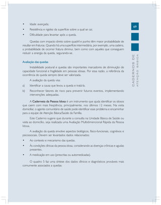 69
CADERNOSDE
ATENÇÃOBÁSICA
• Idade avançada;
• Resistência e rigidez da superfície sobre a qual se cai;
• Dificuldade para levantar após a queda.
Quedas com impacto direto sobre quadril e punho têm maior probabilidade de
resultar em fraturas. Quando há uma superfície intermediária, por exemplo, uma cadeira,
a probabilidade de ocorrer fratura diminui, bem como com aqueles que conseguem
reduzir a energia da queda, segurando-se.
Avaliação das quedas
Instabilidade postural e quedas são importantes marcadores de diminuição de
capacidade funcional e fragilidade em pessoas idosas. Por essa razão, a referância da
ocorrência de queda sempre deve ser valorizada.
A avaliação da queda visa:
a) Identificar a causa que levou a queda e tratá-la.
b) Reconhecer fatores de risco para prevenir futuros eventos, implementando
intervenções adequadas.
A Caderneta da Pessoa Idosa é um instrumento que ajuda identificar os idosos
que caem com mais freqüência, principalmente, nos últimos 12 meses. Na visita
domiciliar, o agente comunitário de saúde pode identificar esse problema e encaminhar
para a equipe de Atenção Básica/Saúde da Família.
Este Caderno sugere que durante a consulta na Unidade Básica de Saúde ou
visita ao domicílio, seja realizada uma Avaliação Multidimencional Rápida da Pessoa
Idosa.
A avaliação da queda envolve aspectos biológicos, físico-funcionais, cognitivos e
psicossociais. Devem ser levantados dados relacionados:
• Ao contexto e mecanismo das quedas.
• Às condições clínicas da pessoa idosa, considerando as doenças crônicas e agudas
presentes.
• A medicação em uso (prescritas ou automedicadas).
O quadro 5 faz uma síntese dos dados clínicos e diagnósticos prováveis mais
comumente associados a quedas:
 