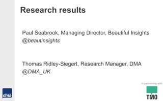 Research results
Paul Seabrook, Managing Director, Beautiful Insights
@beautinsights
Thomas Ridley-Siegert, Research Manager, DMA
@DMA_UK
In partnership with
 
