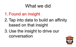 What we did
1. Found an insight
2. Tap into data to build an affinity
based on that insight
3. Use the insight to drive our
conversation
 