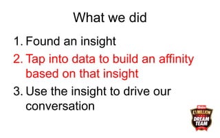 What we did
1. Found an insight
2. Tap into data to build an affinity
based on that insight
3. Use the insight to drive our
conversation
 