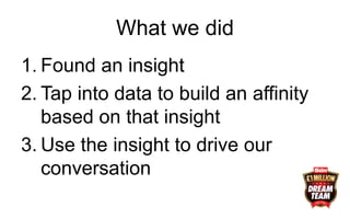 What we did
1. Found an insight
2. Tap into data to build an affinity
based on that insight
3. Use the insight to drive our
conversation
 