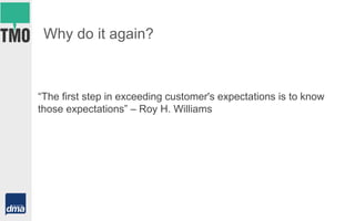 “The first step in exceeding customer's expectations is to know
those expectations” – Roy H. Williams
Why do it again?
 