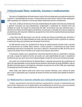 Ministério da Saúde | Secretaria de Atenção a Saúde | Departamento de Atenção Básica

3 Estruturação física, materiais, insumos e medicamentos

54

Para que as Unidades Básicas de Saúde possam realizar de forma adequada os procedimentos descritos
e garantir a resolubilidade dos serviços, é imprescindível que esses tenham estrutura física adequada e
sejam equipados com materiais e insumos que estejam disponíveis durante o atendimento.
Para tanto, o Manual de Estrutura Física das Unidades Básicas de Saúde recomenda aos profissionais
e gestores municipais que haja planejamento, programação e elaboração do ambiente físico das
unidades de saúde. No projeto de estruturação das UBS, recomenda-se que haja ambientes para o
atendimento médico, de enfermagem e de dentistas, inclusive para a realização de curativos e pequenos
procedimentos, além de prever mobiliários, equipamentos e instrumentos imprescindíveis para quaisquer
outros atendimentos.
A área física da UBS deve prever uma sala de consulta que ofereça privacidade para entrevista e
exame físico, além de ter disponibilidade de macas, caso seja necessário manter o paciente em repouso,
e cadeiras de rodas, para pacientes que não possam se locomover.
As UBS deverão contar com profissionais da equipe de saúde presentes durante todo o período
de funcionamento da unidade. Dessa maneira, é preciso garantir o cumprimento da carga horária
estabelecida tanto para os profissionais, como para a abertura e fechamento da UBS, de forma que os
usuários não deixem de ser acolhidos ou ter acesso aos serviços por esse motivo.
É importante ressaltar que o atendimento à demanda espontânea deve ser organizado e realizado
por toda a equipe de Saúde da Família, de acordo com cada especificidade de ação e competência
profissional, para que assim não se torne sobrecarregada a função de nenhum dos membros da equipe.
De acordo com a Política Nacional de Atenção Básica, a educação permanente dos profissionais da
APS é de responsabilidade conjunta das Secretarias Estaduais e Municipais de Saúde (SES/SMS) e cabe ao
Ministério da Saúde apoiar a articulação de instituições, em parceria com as SES e SMS, para capacitação
de educação permanente desses profissionais.
Desse modo, este Caderno pode servir tanto como consulta individual, como material de apoio
para cursos e capacitações para as equipes de Saúde da Família promovidos pelas gestões do Estado e
município.

3.1	 Medicamentos e materiais utilizados para realização de procedimentos na APS
A seguir, apresentamos uma lista de materiais, equipamentos, insumos e medicamentos que
devem estar disponíveis nas Unidades Básicas de Saúde/Saúde da Família para que seja possível
realizar adequadamente os procedimentos descritos acima pelas equipes da APS.

 