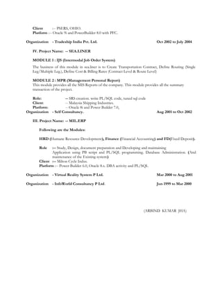 Client :-- PSERS, OHIO.
Platform :-- Oracle 9i and PowerBuilder 8.0 with PFC.
Organization - Tradeship India Pvt. Ltd. Oct 2002 to July 2004
IV. Project Name: -- SEA.LINER
MODULE 1 : IJS (Intermodal Job Order System)
The business of this module in sea.liner is to Create Transportation Contract, Define Routing (Single
Leg/Multiple Leg.), Define Cost & Billing Rates (Contract Level & Route Level)
MODULE 2 : MPR (Management Personal Report)
This module provides all the MIS Reports of the company. This module provides all the summary
transaction of the project.
Role: -- SRS creation. write PL/SQL code, tuned sql code
Client: -- Malaysia Shipping Industries.
Platform: -- Oracle 8i and Power Builder 7.0,
Organization - Self Consultancy. Aug 2001 to Oct 2002
III. Project Name: -- MIL.ERP
Following are the Modules:
HRD (Humane Resource Development), Finance (Financial Accounting) and FD(Fixed Deposit).
Role :-- Study, Design, document preparation and Developing and maintaining
Application using PB script and PL/SQL programming. Database Administration. (And
maintenance of the Existing system)
Client :-- Milton Cycle Indus.
Platform :-- Power Builder 6.0, Oracle 8.x. DBA activity and PL/SQL
Organization - Virtual Reality System P Ltd. Mar 2000 to Aug 2001
Organization - InfoWorld Consultancy P Ltd. Jun 1999 to Mar 2000
(ARBIND KUMAR JHA)
 