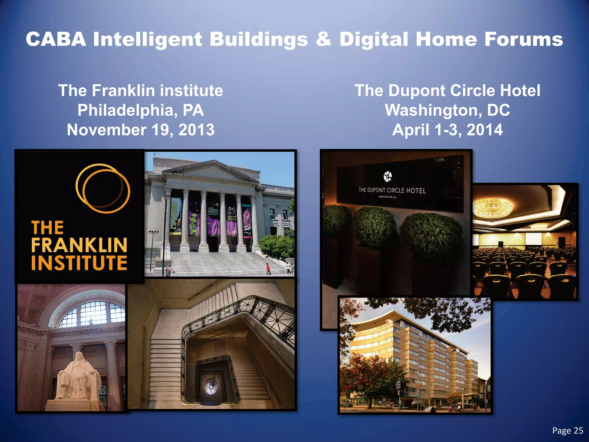 CABA Intelligent Buildings & Digital Home Forums 
The Franklin institute 
Philadelphia, PA 
November 19, 2013 
The Dupont Circle Hotel 
Washington, DC 
April 1-3, 2014 Page 25 
 