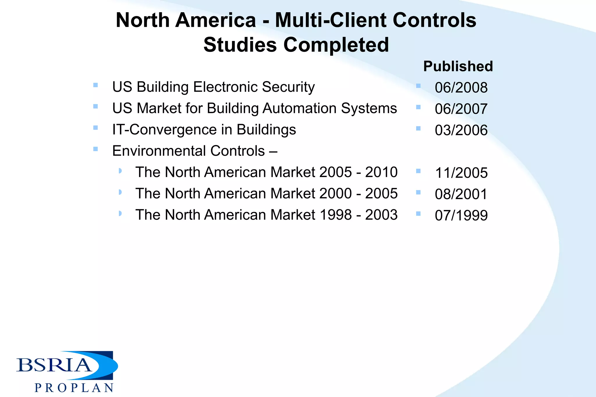 0
500
1000
1500
2000
2500
3000
3500
4000
4500
North America - Multi-Client Controls
Studies Completed
 US Building Electronic Security
 US Market for Building Automation Systems
 IT-Convergence in Buildings
 Environmental Controls –

The North American Market 2005 - 2010

The North American Market 2000 - 2005

The North American Market 1998 - 2003
Published
 06/2008
 06/2007
 03/2006
 11/2005
 08/2001
 07/1999
 