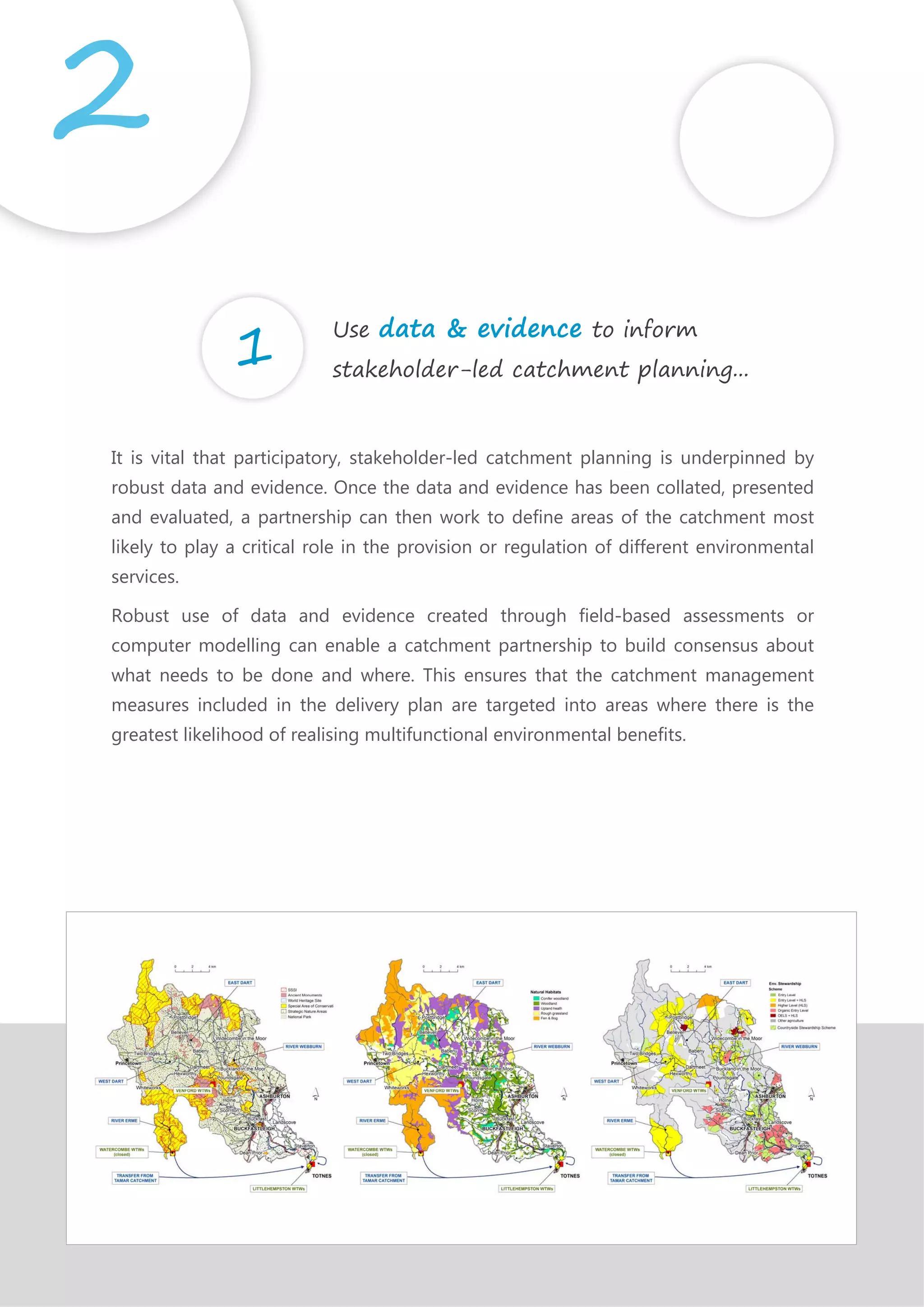 It is vital that participatory, stakeholder-led catchment planning is underpinned by
robust data and evidence. Once the data and evidence has been collated, presented
and evaluated, a partnership can then work to define areas of the catchment most
likely to play a critical role in the provision or regulation of different environmental
services.
Robust use of data and evidence created through field-based assessments or
computer modelling can enable a catchment partnership to build consensus about
what needs to be done and where. This ensures that the catchment management
measures included in the delivery plan are targeted into areas where there is the
greatest likelihood of realising multifunctional environmental benefits.
1
Use data & evidence to inform
stakeholder-led catchment planning...
 