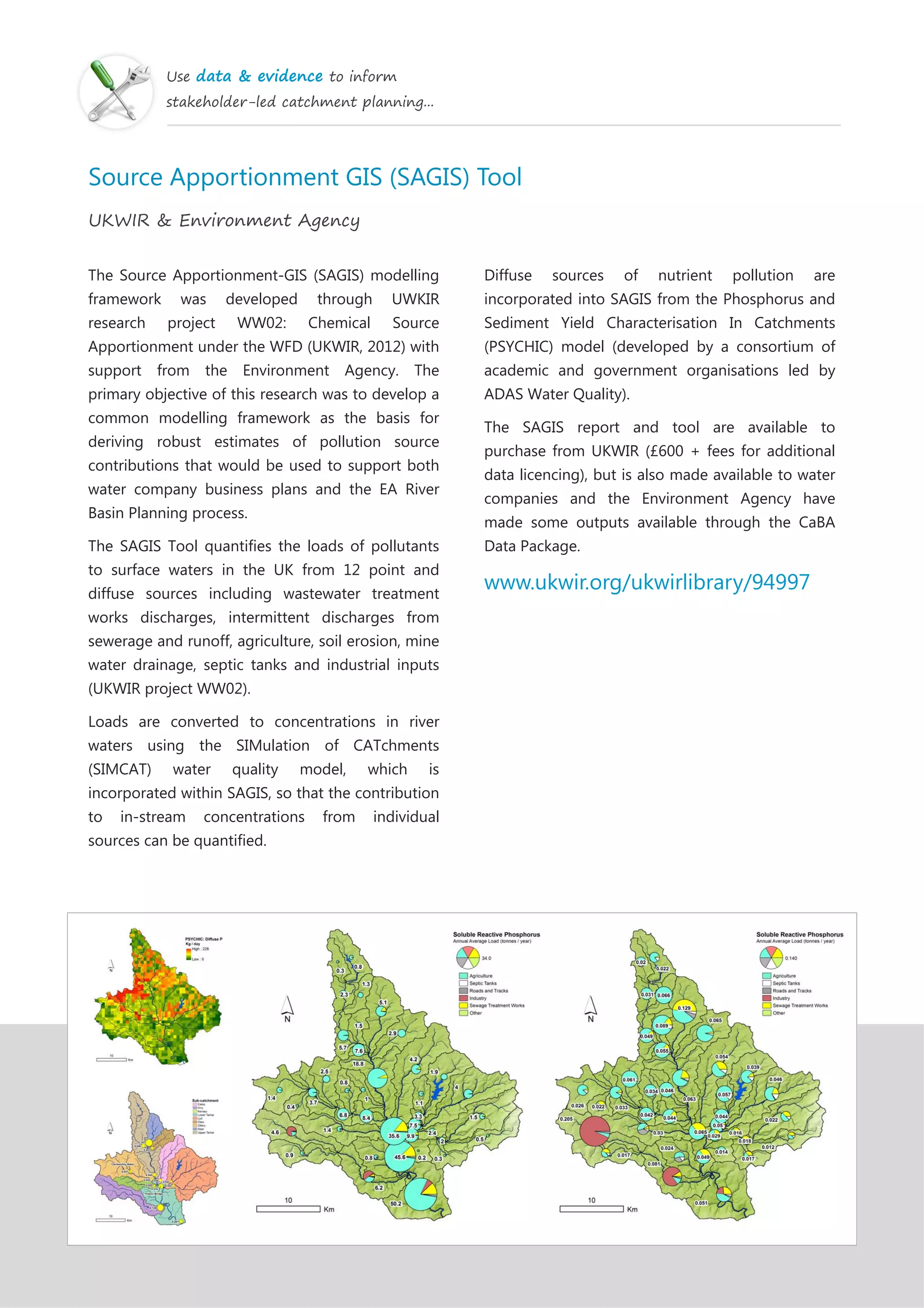Use data & evidence to inform
stakeholder-led catchment planning...
Source Apportionment GIS (SAGIS) Tool
UKWIR & Environment Agency
The Source Apportionment-GIS (SAGIS) modelling
framework was developed through UWKIR
research project WW02: Chemical Source
Apportionment under the WFD (UKWIR, 2012) with
support from the Environment Agency. The
primary objective of this research was to develop a
common modelling framework as the basis for
deriving robust estimates of pollution source
contributions that would be used to support both
water company business plans and the EA River
Basin Planning process.
The SAGIS Tool quantifies the loads of pollutants
to surface waters in the UK from 12 point and
diffuse sources including wastewater treatment
works discharges, intermittent discharges from
sewerage and runoff, agriculture, soil erosion, mine
water drainage, septic tanks and industrial inputs
(UKWIR project WW02).
Loads are converted to concentrations in river
waters using the SIMulation of CATchments
(SIMCAT) water quality model, which is
incorporated within SAGIS, so that the contribution
to in-stream concentrations from individual
sources can be quantified.
Diffuse sources of nutrient pollution are
incorporated into SAGIS from the Phosphorus and
Sediment Yield Characterisation In Catchments
(PSYCHIC) model (developed by a consortium of
academic and government organisations led by
ADAS Water Quality).
The SAGIS report and tool are available to
purchase from UKWIR (£600 + fees for additional
data licencing), but is also made available to water
companies and the Environment Agency have
made some outputs available through the CaBA
Data Package.
www.ukwir.org/ukwirlibrary/94997
 