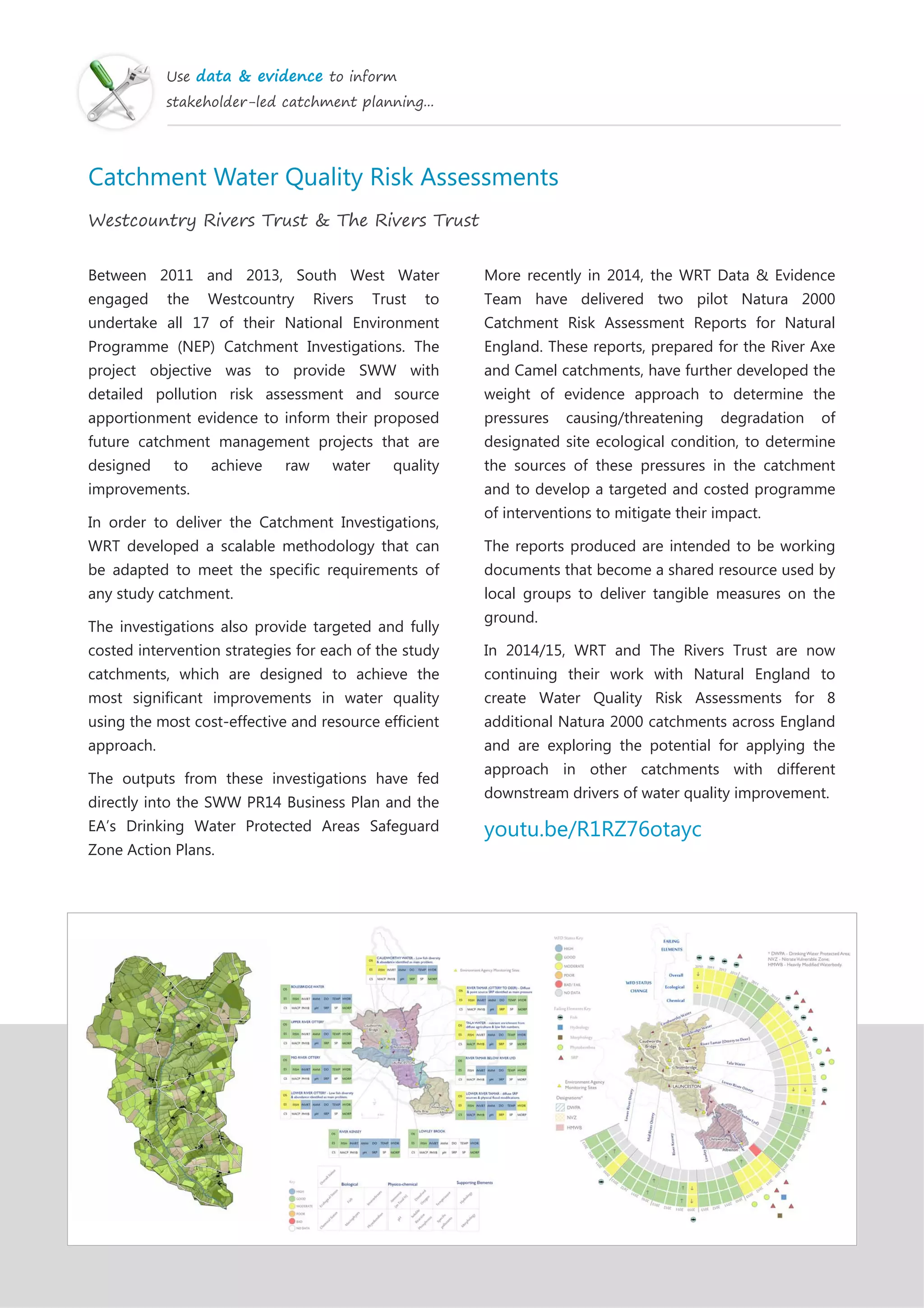 Use data & evidence to inform
stakeholder-led catchment planning...
Catchment Water Quality Risk Assessments
Westcountry Rivers Trust & The Rivers Trust
Between 2011 and 2013, South West Water
engaged the Westcountry Rivers Trust to
undertake all 17 of their National Environment
Programme (NEP) Catchment Investigations. The
project objective was to provide SWW with
detailed pollution risk assessment and source
apportionment evidence to inform their proposed
future catchment management projects that are
designed to achieve raw water quality
improvements.
In order to deliver the Catchment Investigations,
WRT developed a scalable methodology that can
be adapted to meet the specific requirements of
any study catchment.
The investigations also provide targeted and fully
costed intervention strategies for each of the study
catchments, which are designed to achieve the
most significant improvements in water quality
using the most cost-effective and resource efficient
approach.
The outputs from these investigations have fed
directly into the SWW PR14 Business Plan and the
EA’s Drinking Water Protected Areas Safeguard
Zone Action Plans.
More recently in 2014, the WRT Data & Evidence
Team have delivered two pilot Natura 2000
Catchment Risk Assessment Reports for Natural
England. These reports, prepared for the River Axe
and Camel catchments, have further developed the
weight of evidence approach to determine the
pressures causing/threatening degradation of
designated site ecological condition, to determine
the sources of these pressures in the catchment
and to develop a targeted and costed programme
of interventions to mitigate their impact.
The reports produced are intended to be working
documents that become a shared resource used by
local groups to deliver tangible measures on the
ground.
In 2014/15, WRT and The Rivers Trust are now
continuing their work with Natural England to
create Water Quality Risk Assessments for 8
additional Natura 2000 catchments across England
and are exploring the potential for applying the
approach in other catchments with different
downstream drivers of water quality improvement.
youtu.be/R1RZ76otayc
 