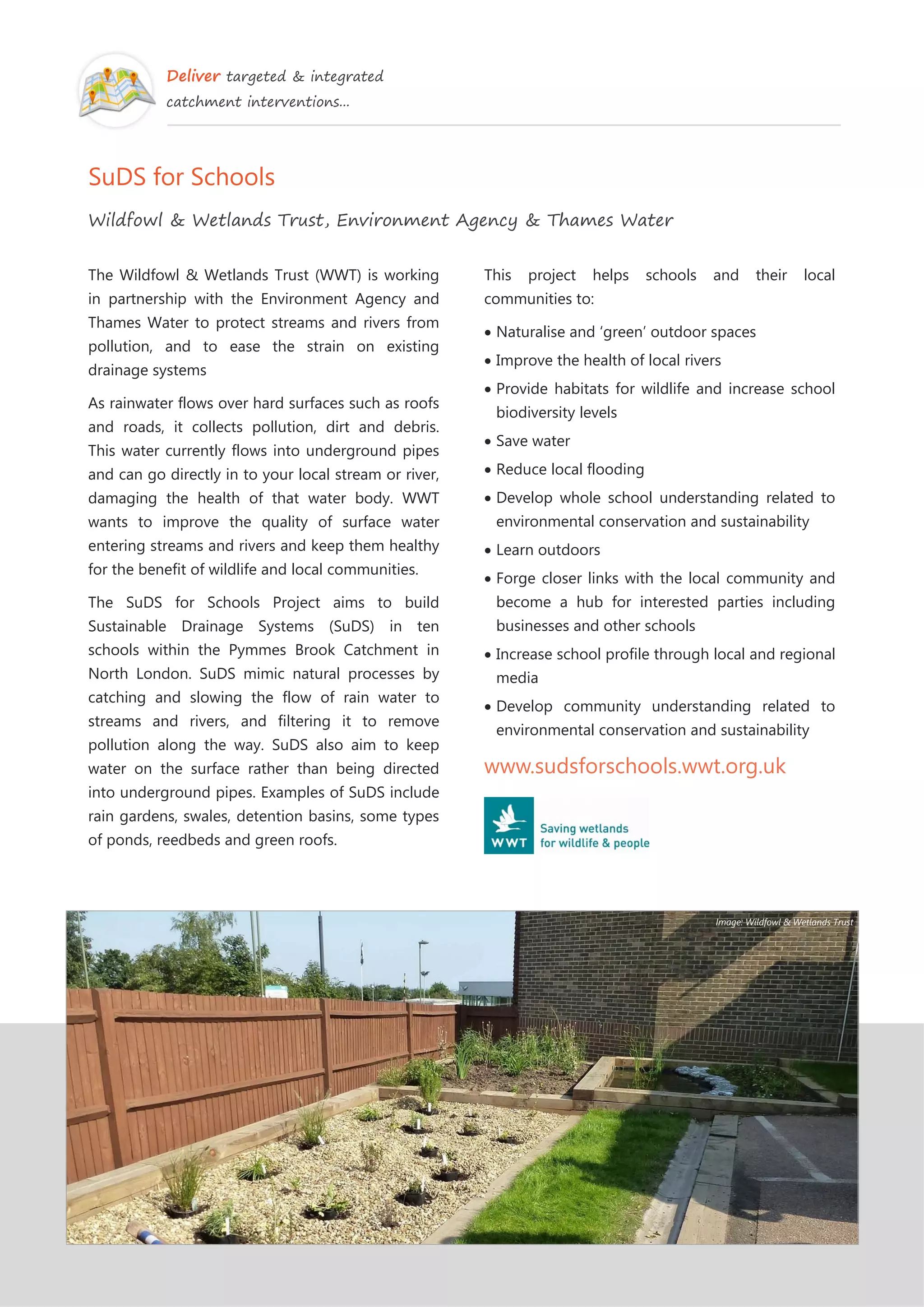 Deliver targeted & integrated
catchment interventions...
SuDS for Schools
Wildfowl & Wetlands Trust, Environment Agency & Thames Water
The Wildfowl & Wetlands Trust (WWT) is working
in partnership with the Environment Agency and
Thames Water to protect streams and rivers from
pollution, and to ease the strain on existing
drainage systems
As rainwater flows over hard surfaces such as roofs
and roads, it collects pollution, dirt and debris.
This water currently flows into underground pipes
and can go directly in to your local stream or river,
damaging the health of that water body. WWT
wants to improve the quality of surface water
entering streams and rivers and keep them healthy
for the benefit of wildlife and local communities.
The SuDS for Schools Project aims to build
Sustainable Drainage Systems (SuDS) in ten
schools within the Pymmes Brook Catchment in
North London. SuDS mimic natural processes by
catching and slowing the flow of rain water to
streams and rivers, and filtering it to remove
pollution along the way. SuDS also aim to keep
water on the surface rather than being directed
into underground pipes. Examples of SuDS include
rain gardens, swales, detention basins, some types
of ponds, reedbeds and green roofs.
This project helps schools and their local
communities to:
Naturalise and ‘green’ outdoor spaces
Improve the health of local rivers
Provide habitats for wildlife and increase school
biodiversity levels
Save water
Reduce local flooding
Develop whole school understanding related to
environmental conservation and sustainability
Learn outdoors
Forge closer links with the local community and
become a hub for interested parties including
businesses and other schools
Increase school profile through local and regional
media
Develop community understanding related to
environmental conservation and sustainability
www.sudsforschools.wwt.org.uk
Image: Wildfowl & Wetlands Trust
 