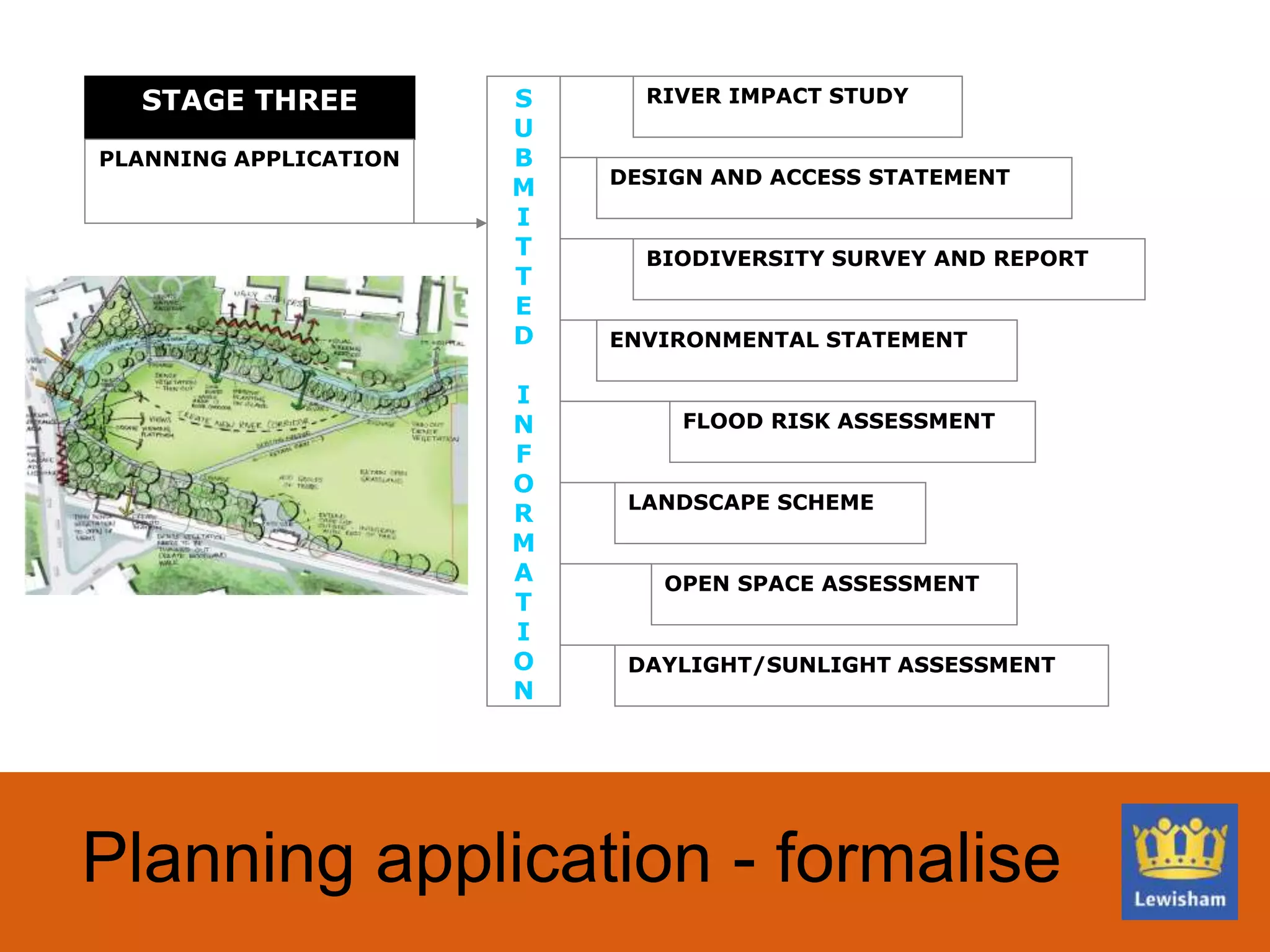 Planning application - formalise
STAGE THREE
PLANNING APPLICATION
S
U
B
M
I
T
T
E
D
I
N
F
O
R
M
A
T
I
O
N
RIVER IMPACT STUDY
DESIGN AND ACCESS STATEMENT
BIODIVERSITY SURVEY AND REPORT
ENVIRONMENTAL STATEMENT
FLOOD RISK ASSESSMENT
LANDSCAPE SCHEME
OPEN SPACE ASSESSMENT
DAYLIGHT/SUNLIGHT ASSESSMENT
 