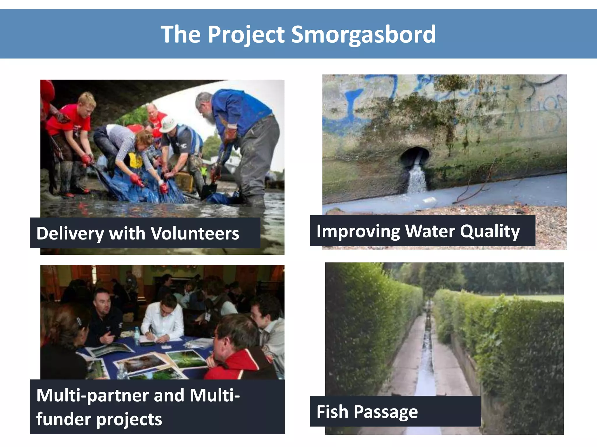 The Project Smorgasbord
Multi-partner and Multi-
funder projects Fish Passage
Improving Water QualityDelivery with Volunteers
 