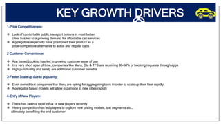 KEY GROWTH DRIVERS
1-Price Competitiveness:
 Lack of comfortable public transport options in most Indian
cities has led to a growing demand for affordable cab services
 Aggregators especially have positioned their product as a
price-competitive alternative to autos and regular cabs
2-Customer Convenience:
 App based booking has led to growing customer ease of use
 In a very short span of time, companies like Meru, Ola & TFS are receiving 30-50% of booking requests through apps
 High punctuality and safety are additional customer benefits
3-Faster Scale up due to popularity:
 Even owned taxi companies like Meru are opting for aggregating taxis in order to scale up their fleet rapidly
 Aggregator based models will allow expansion to new cities rapidly
4-Entry of New Players:
 There has been a rapid influx of new players recently
 Heavy competition has led players to explore new pricing models, taxi segments etc.,
ultimately benefiting the end customer
 