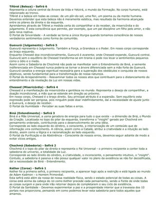 Tiféret (Beleza) - Sefirá 6
Representa a coluna central da Árvore da Vida e Yetzirá, o mundo da Formação. No corpo humano, está
relacionado ao tronco.
Tiféret é a beleza em todas as coisas: de um pôr-do-sol, uma flor, um poema ou da mente humana.
Devemos entender que esta beleza não é meramente estética, mas resultado da harmonia alcançada
entre os pilares da direita e da esquerda.
Aprendemos através de Tiféret a medida certa do compartilhar e do receber, da misericórdia e do
julgamento. É esta consciência que permite, por exemplo, que um pai discipline um filho pelo amor, e não
pela raiva reativa.
O Portal da Sinceridade - A verdade se torna a única liturgia quando tomamos consciência de nossos
verdadeiros sentimentos como forma de comunhão.

Guevurá (Julgamento) - Sefirá 5
Guevurá representa o Julgamento. Também a Força, a Grandeza e o Poder. Em nosso corpo corresponde
ao braço esquerdo.
Enquanto Chessed doa incondicionalmente, Guevurá é avarenta; onde Chessed expande, Guevurá contrai.
Guevurá sem o equilíbrio de Chessed transforma-se em tirania e pode nos levar a sentimentos pequenos
como o ódio e o medo.
Assim como a Sabedoria de Chochmá não pode se manifestar sem o Entendimento de Biná, a semente
indiferenciada em Chessed nunca poderia se tornar a árvore diferenciada sem a mão forte de Guevurá.
Guevurá canaliza a energia espiritual necessária para a superação dos obstáculos e conquista de nossos
objetivos, sendo fundamental para a transformação de nossa natureza.
O Portal do Arrependimento - Reexaminar todos os nossos atos que contribuem para o distanciamento do
entendimento e da revelação da Luz em nossas vidas.

Chessed (Misericórdia) - Sefirá 4
Chessed é a manifestação da misericórdia e gentileza no mundo. Representa o desejo de compartilhar, a
doação incondicional, a mão que se estende em direção ao próximo.
Em nosso corpo, Chessed é o braço direito. Seu principal atributo é a expansão. Sem equilíbrio esta
expressão pode ser perigosa, pois ninguém pode doar indefinidamente, daí a necessidade de ajuste junto
a Guevurá, o desejo de receber.
O Portal da Humildade - Perceber as suas faltas e erros.

Biná (Entendimento) - Sefirá 3
Biná é a Mãe Universal, a usina geradora de energia para tudo o que existe - a dimensão de Briá, o Mundo
da Criação. Localizada no topo do pilar da esquerda, transforma o "insight" gerado por Chochmá em
pensamento ordenado, contribuindo para o desenvolvimento de uma idéia.
Corresponde ao lado esquerdo do cérebro, o consciente, a interiorização de um conteúdo que de
informação vira conhecimento. A ciência, assim como a Cabalá, atribui a criatividade e a intuição ao lado
direito, assim como a lógica e a racionalização ao lado esquerdo.
O Portal da Purificação e da Abstinência - Consciente de nossos erros, devemos seguir adiante de modo a
evitar vícios antigos.

Chochmá (Sabedoria) - Sefirá 2
Chochmá é o topo do pilar da direita e representa o Pai Universal - o primeiro recipiente a conter toda a
sabedoria do universo, a totalidade da Luz.
Corresponde ao lado direito do cérebro, a criatividade, o inconsciente, o pensamento intuitivo, o "insight".
Contudo, a sabedoria é passiva e não possui qualquer valor no plano da existência se não for decodificada,
daí a necessidade de Biná - Entendimento.

Kether (Coroa) - Sefirá 1
Kether foi a primeira sefirá, o primeiro recipiente, a aparecer logo após a restrição e está ligada ao mundo
de Adam Kadmon - o Homem Primordial.
Esta sefirá está além da nossa de nossa realidade física, sendo o estado potencial de todas as coisas. A
coroa está acima da cabeça do rei como Kether precede cada pensamento, sendo a Fonte de onde todas
as coisas surgem e para onde irão retornar depois de completarem o seu ciclo de existência.
O Portal da Santidade - Devemos experimentar a paz e a prosperidade interior que a travessia dos 10
portais nos proporciona, pensando em como podemos levar esta sabedoria para todos aqueles que
amamos.
 